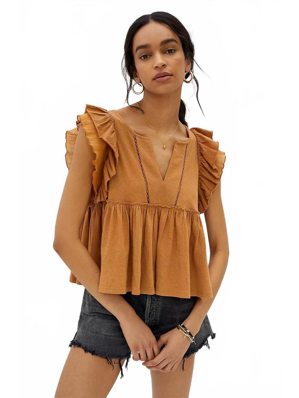 Anthropologie Rust Caroline Flutter Sleeve Babydoll Blouse Top XS